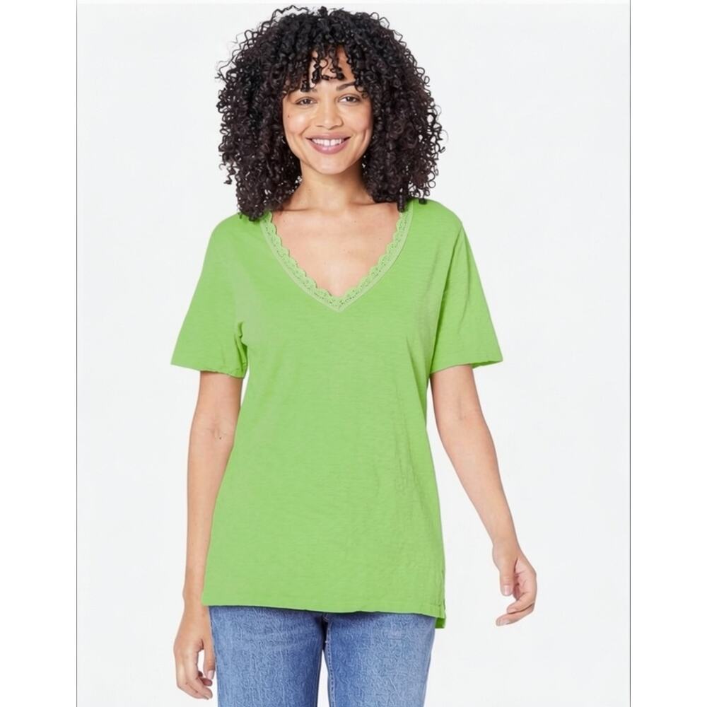 Michael Stars Arina Lace Mix V-Neck Tee Kiwi Green OS NWT